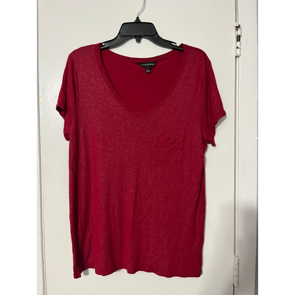 Rock& Republic Womens XL Red Metallic Shimmer V-Neck Pocket Tee Short Sleeve Top